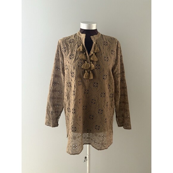 Johnny Was Jade Vidya Eyelet Tunic Top Size M Brown Tassel Cotton Silk Sheer - Picture 1 of 15